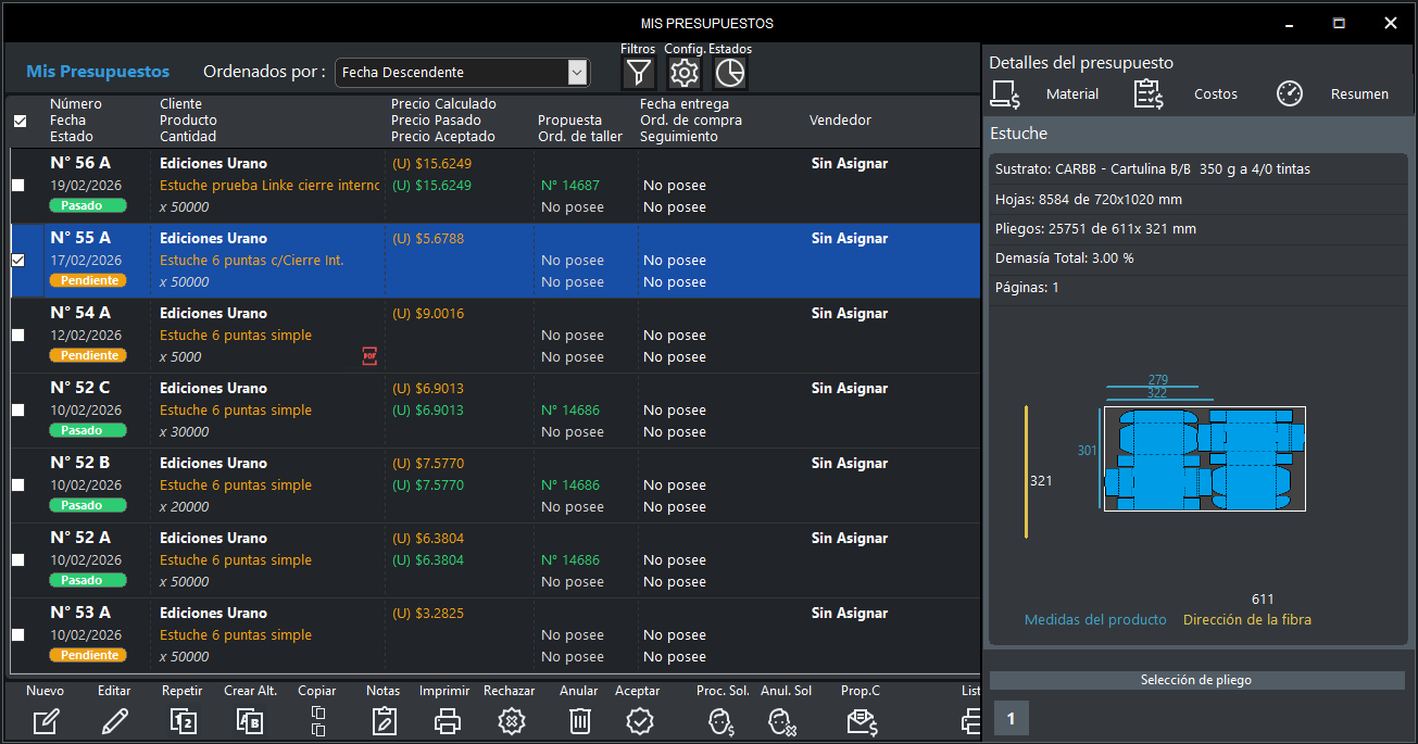 Pantalla principal de presupuestos de Impremaster